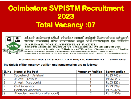 Read more about the article Coimbatore SVPISTM Recruitment 2023